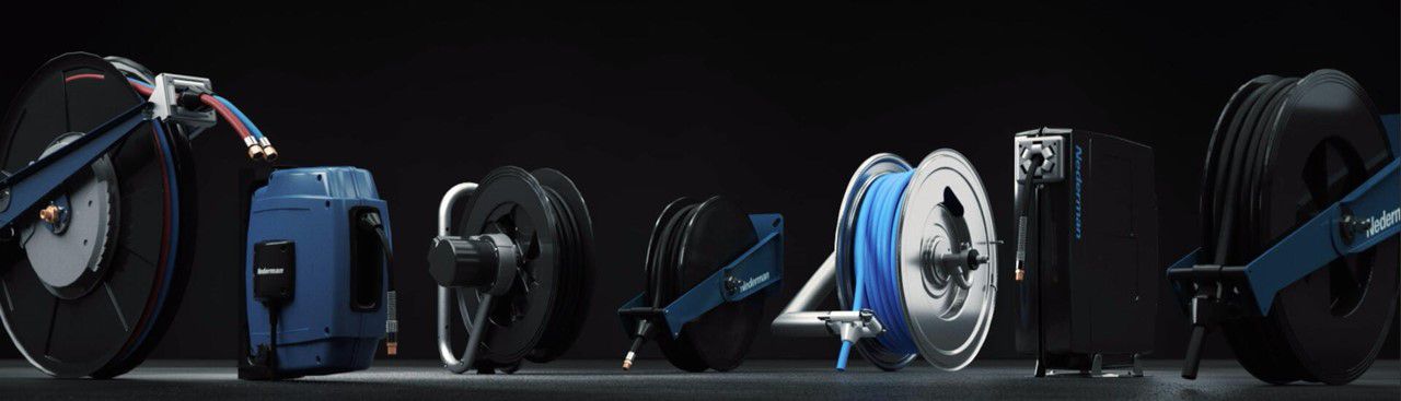 Verschiedene Nederman Kabelaufroller vor dunklem Hintergrund